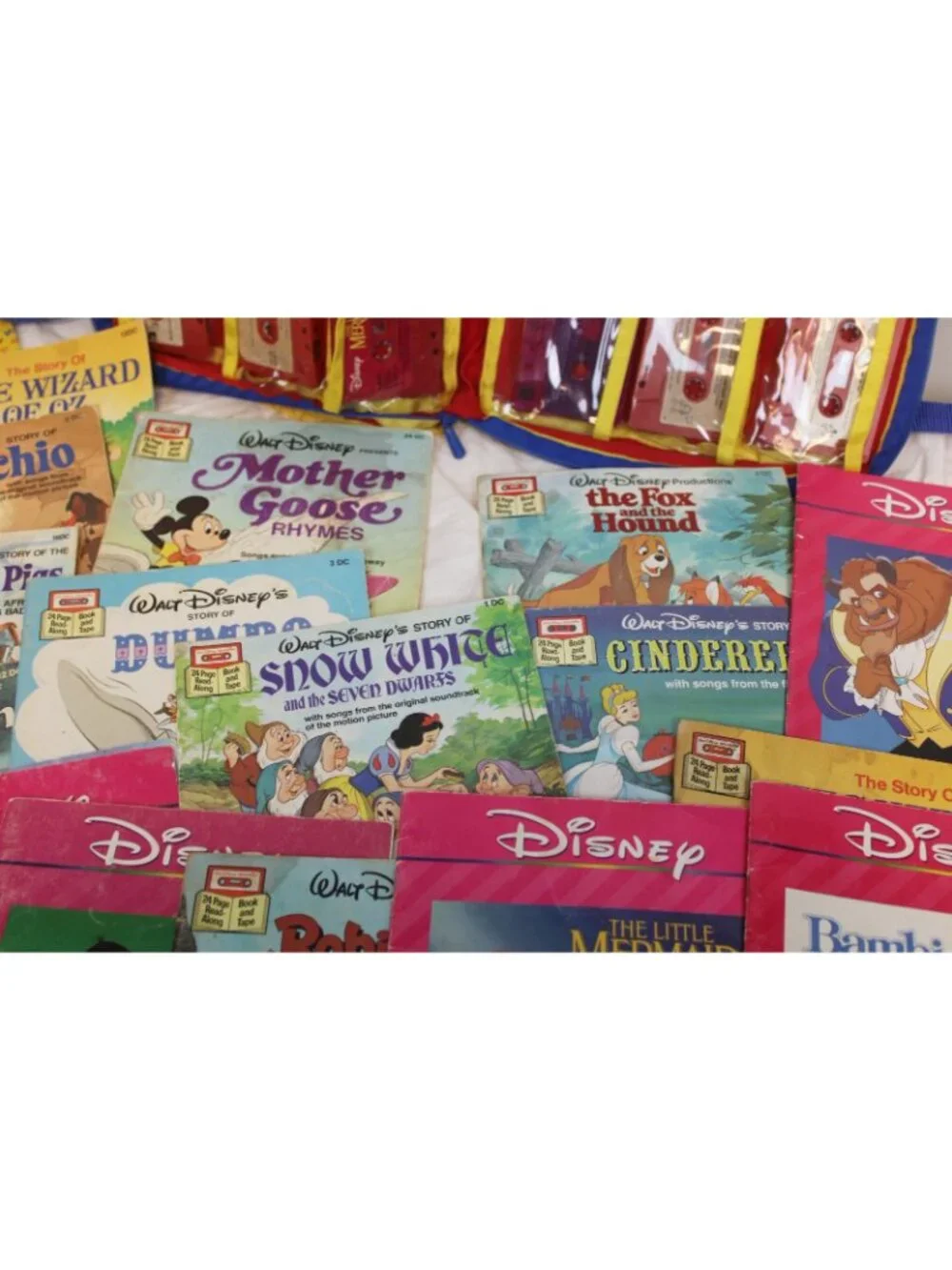 VTG Disney 20 Books 12 Cassettes Read-a-Long Tote 80s 90s Ariel Wizard Oz Little